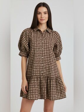 entro Brown and Cream Button-Front Puff Sleeve Mini Dress